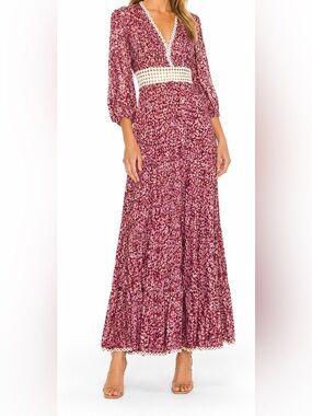 Poupette St. Barth Joan Floral Red Maxi Dress M Boho Romantic Crochet Festival